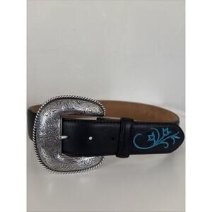 Womens Tony Lama Brighton Silver Buckle Teal Floral Leather Belt 30” Western NWT